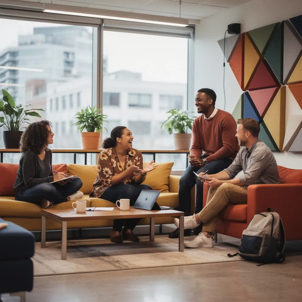 Przestrzeń biurowa z akustycznymi panelami poprawiającymi komfort dźwiękowy.