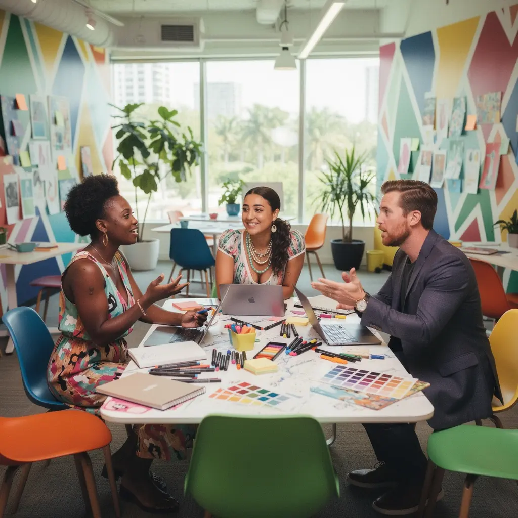 Plan biura z wyraźnym podziałem na strefy pracy i odpoczynku.