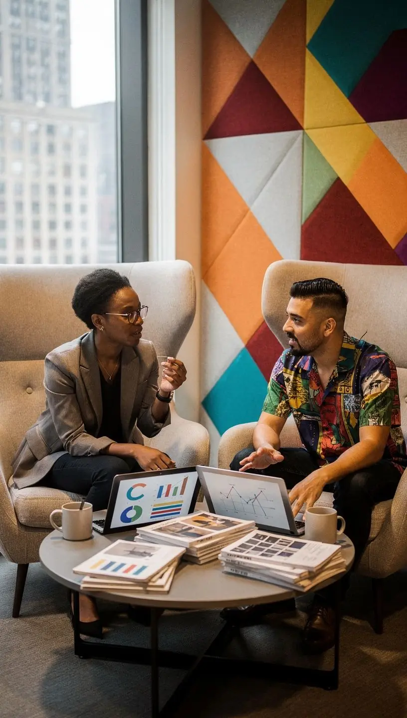 Zaaranżowane miejsce spotkań w biurze, z wygodnymi siedziskami i kreatywnymi akcentami.