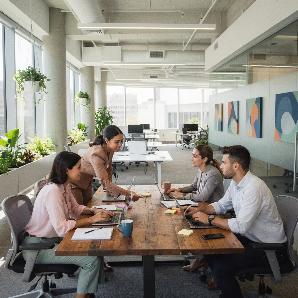 Przykład biura z przestrzeniami do koncentracji, z odpowiednim oświetleniem i dźwiękoszczelnymi ściankami.
