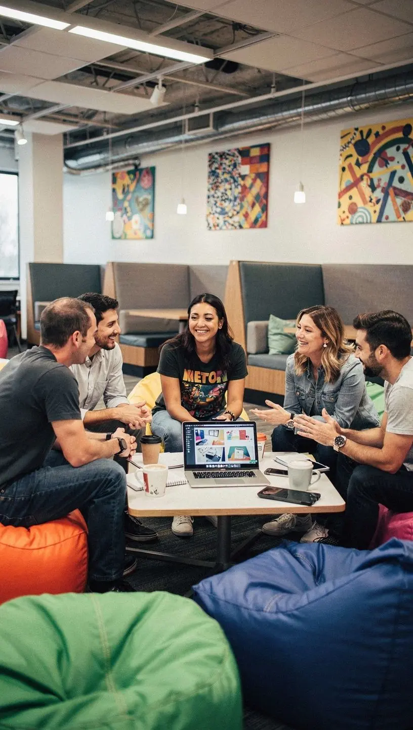 Widok na strefę relaksu w biurze, z wygodnymi fotelami, poduszkami i strefą zieleni.