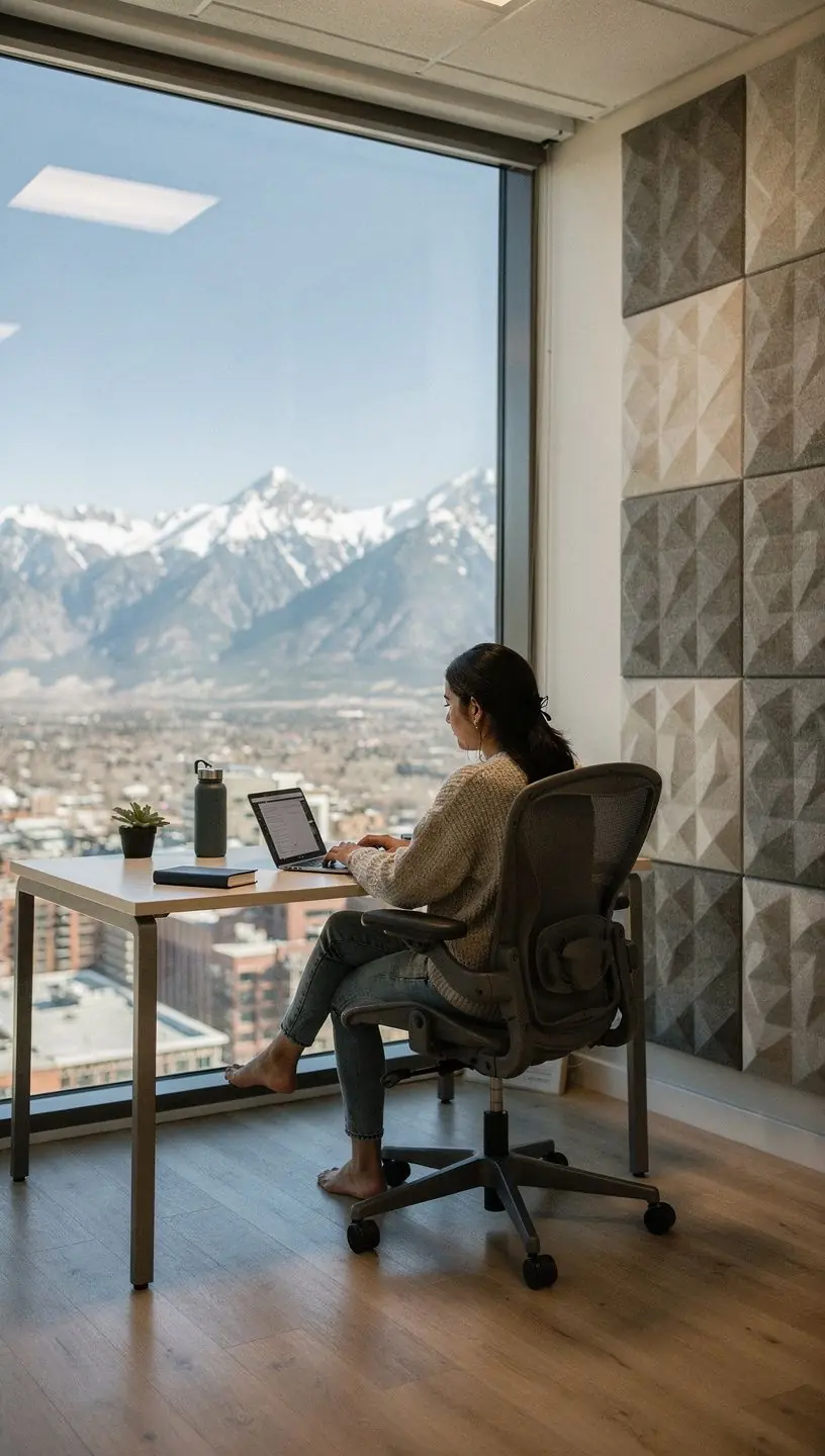 Nowoczesne biuro z ergonomicznymi meblami i strefami do pracy zespołowej.